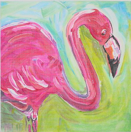 Kate Dickerson Needlepoint Collections Maren Devine Pink Flamingo on Blue & Lime Green Needlepoint Canvas