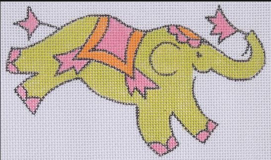 Kate Dickerson Needlepoint Collections Jilly Walsh Ornament Mini Elephant Solid Lime with Pink and Orange Needlepoint Canvas