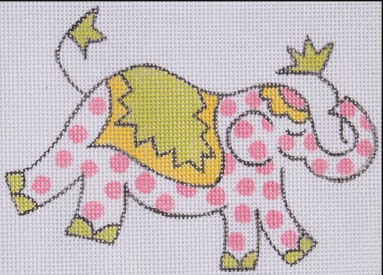 Kate Dickerson Needlepoint Collections Jilly Walsh Ornament Mini Elephant Pink Polka Dots with Green and Yellow Needlepoint Canvas