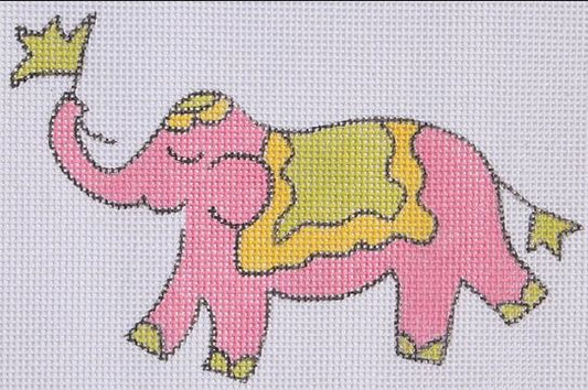 Kate Dickerson Needlepoint Collections Jilly Walsh Ornament Mini Elephant Solid Pink with Yellow and Lime Needlepoint Canvas