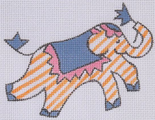 Kate Dickerson Needlepoint Collections Jilly Walsh Ornament Mini Elephant Orange Stripes with Periwinkle and Pink Needlepoint Canvas