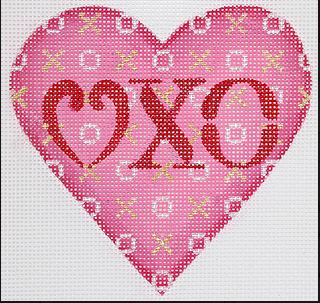Kate Dickerson Needlepoint Collections Valentine Mini Heart Lovexo Pinks Red Silver and Gold Needlepoint Canvas