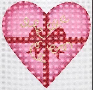 Kate Dickerson Needlepoint Collections Valentine Mini Heart Gift Heart with Ribbons Pinks Red and Gold Needlepoint Canvas
