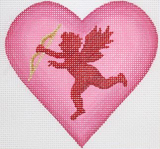 Kate Dickerson Needlepoint Collections Valentine Mini Heart Cupid with Bow and Arrow Pinks Red and Gold Needlepoint Canvas