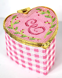 Kate Dickerson Needlepoint Collections Hinged Box Petite Heart Box Pink Gingham with Floral Vine Rose Gold Clasp Needlepoint Canvas