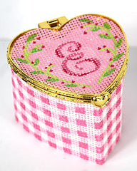 Kate Dickerson Needlepoint Collections Hinged Box Petite Heart Box Pink Gingham with Floral Vine Rose Gold Clasp Needlepoint Canvas