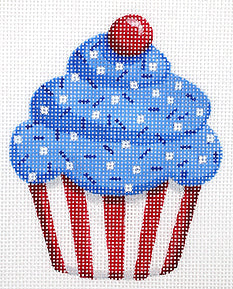 Kate Dickerson Needlepoint Collections Mini Patriotic Cupcake with Sprinkles and Cherry on Top Blue Frosting In Red and White Stripe Cup Needlepoint Canvas