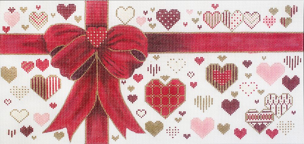 Sharon G Red Ribbon with Hearts Needlepoint Canvas