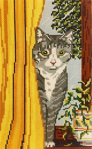 Needle Crossings Cubby Cat Behind Curtain Needlepoint Canvas