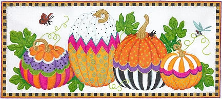 Kate Dickerson Needlepoint Collections Funky Punkin Pumpkins Large Rectangle Orange Green Purple Gold Black Raspberry Needlepoint Canvas - 13M