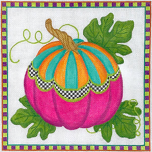 Kate Dickerson Needlepoint Collections Funky Punkin Pumpkin Square One Multi Brights with Magenta Bottom Needlepoint Canvas