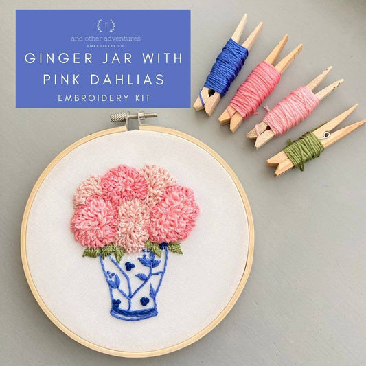And Other Adventures Embroidery Co Ginger Jar with Pink Dahlias Embroidery Kit