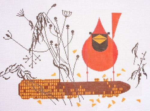 Charley Harper Cardinal on the Corn Needlepoint Canvas