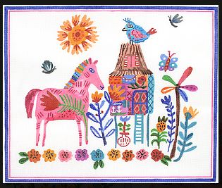 Kate Dickerson Needlepoint Collections Carolyn Gavin House on Stilts with Pink Horse Multi Color Needlepoint Canvas