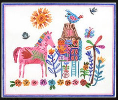 Kate Dickerson Needlepoint Collections Carolyn Gavin House on Stilts with Pink Horse Multi Color Needlepoint Canvas