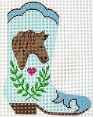 Kate Dickerson Needlepoint Collections Mini Cowgirl Boot Horse Head and Laurel Wreath and Heart on Sky Blue Needlepoint Canvas