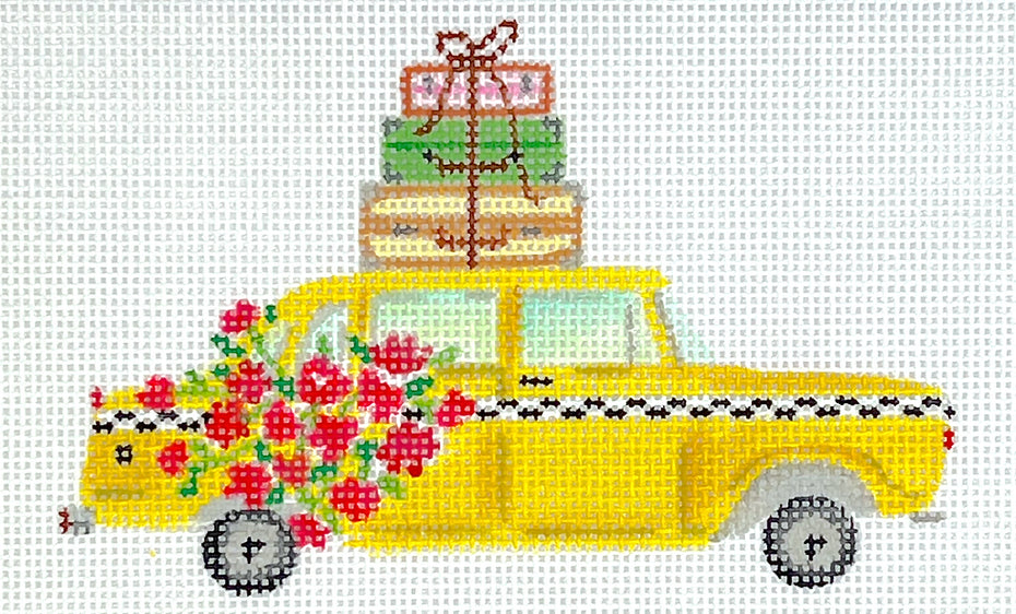 Kate Dickerson Needlepoint Collections Lindsay Brackeen - Cab with Flowers & Suitcases Needlepoint Canvas