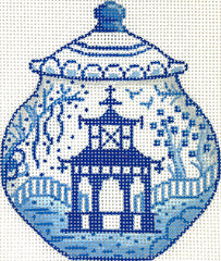 Kate Dickerson Needlepoint Collections Mini Chinese Vase - Medium Blue & White with Pagoda & Willow Trees Needlepoint Canvas