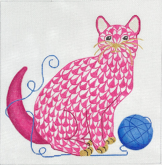 Kate Dickerson Needlepoint Collections Herend-Inspired Fishnet Cat with Ball Of Yarn - Pink & Blue with Gold Needlepoint Canvas