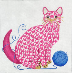 Kate Dickerson Needlepoint Collections Herend-Inspired Fishnet Cat with Ball Of Yarn - Pink & Blue with Gold Needlepoint Canvas