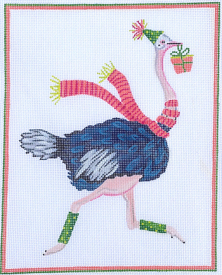 Kate Dickerson Needlepoint Collections Lindsay Brackeen - Party Animal Ostrich with Party Hat, Gift And Striped Scarf Needlepoint Canvas