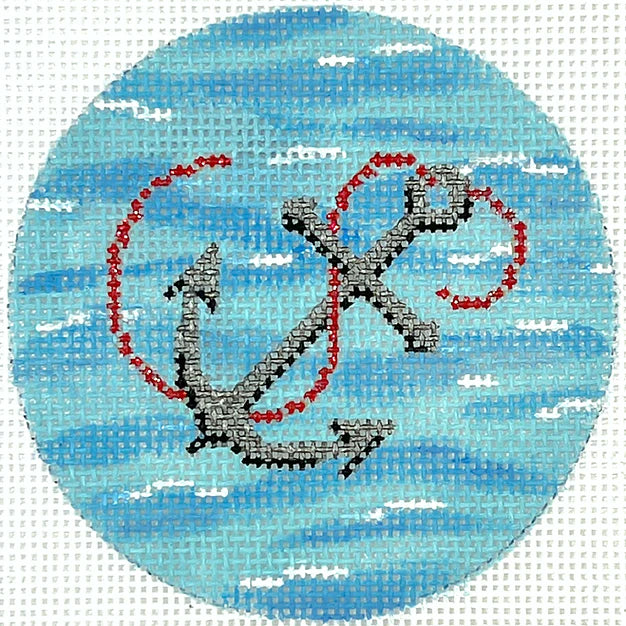 Kate Dickerson Needlepoint Collections 3” Round - Grey Anchor with Rope on Ocean Needlepoint Canvas