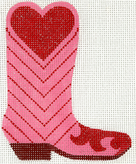 Kate Dickerson Needlepoint Collections Mini Cowgirl Boot Pink with Red Heart and Chevrons Needlepoint Canvas