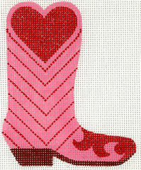 Kate Dickerson Needlepoint Collections Mini Cowgirl Boot Pink with Red Heart and Chevrons Needlepoint Canvas
