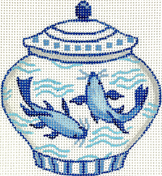 Kate Dickerson Needlepoint Collections Mini Chinese Vase - Short Blue & White with Koi Fish Needlepoint Canvas