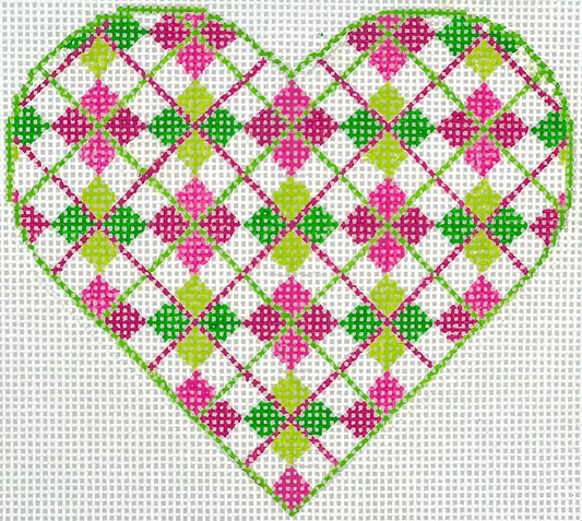 Kate Dickerson Needlepoint Collections Mini Heart Argyle Pinks and Greens on White Needlepoint Canvas