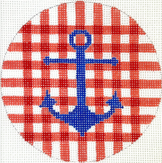 Kate Dickerson Needlepoint Collections 4” Round - Blue Anchor on Red Gingham Needlepoint Canvas