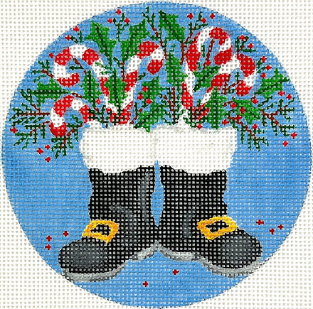 Kate Dickerson Needlepoint Collections Sally Eckman Roberts Santas Boots with Candy Canes and Greenery Needlepoint Canvas