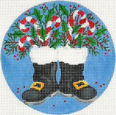 Kate Dickerson Needlepoint Collections Sally Eckman Roberts Santas Boots with Candy Canes and Greenery Needlepoint Canvas