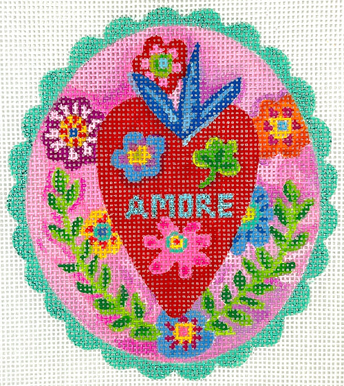 Kate Dickerson Needlepoint Collections Julia Eves - “Amore” Red Heart with Flowers & Leaves on Pink with Sparkly Turquoise Border Needlepoint Canvas