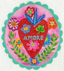 Kate Dickerson Needlepoint Collections Julia Eves - “Amore” Red Heart with Flowers & Leaves on Pink with Sparkly Turquoise Border Needlepoint Canvas