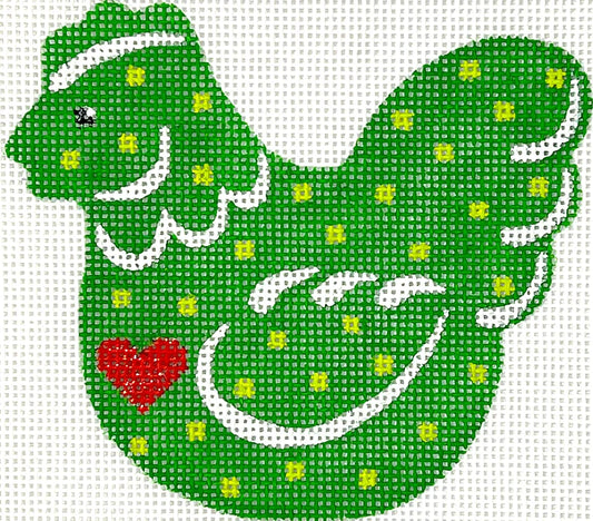 Kate Dickerson Needlepoint Collections Christmas Ornament - Country Christmas Chicken with Heart & Dots - Greens, Sparkly Red & White Needlepoint Canvas