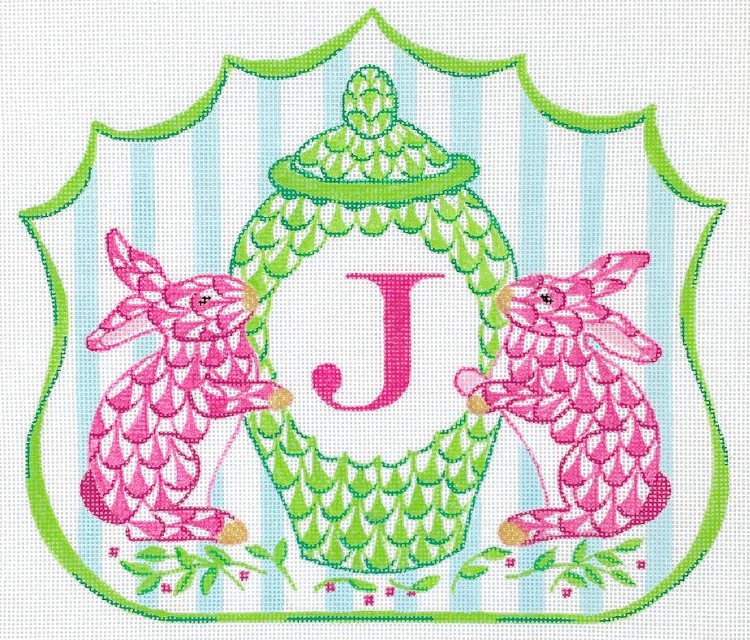 Kate Dickerson Needlepoint Collections Monogram Crest - Fishnet Bunnies & Porcelain Pot - Pinks, Greens & Soft Blue Needlepoint Canvas