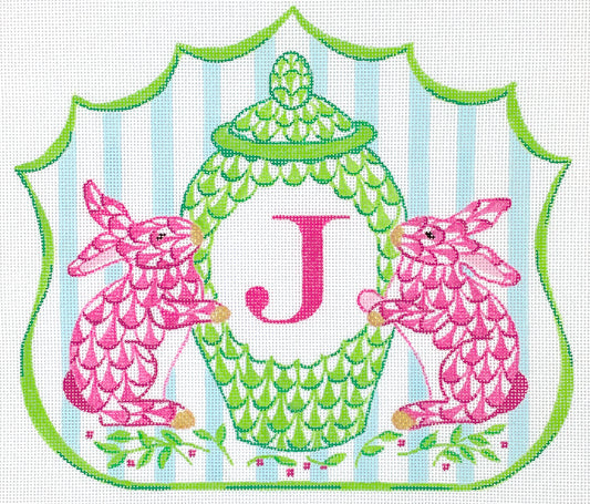 Kate Dickerson Needlepoint Collections Monogram Crest - Fishnet Bunnies & Porcelain Pot - Pinks, Greens & Soft Blue Needlepoint Canvas