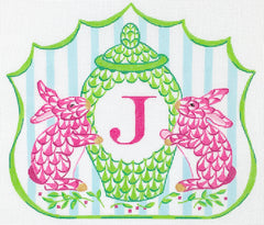 Kate Dickerson Needlepoint Collections Monogram Crest - Fishnet Bunnies & Porcelain Pot - Pinks, Greens & Soft Blue Needlepoint Canvas