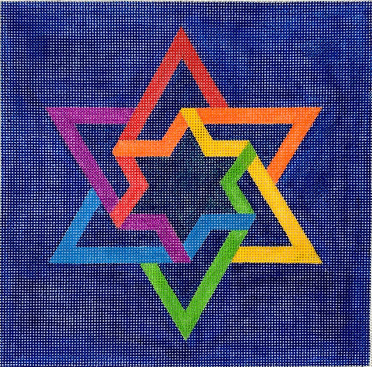 Kate Dickerson Needlepoint Collections Tefillin Bag - Double Interlocking Star of David - Rainbow Colors on Deep Blue Needlepoint Canvas