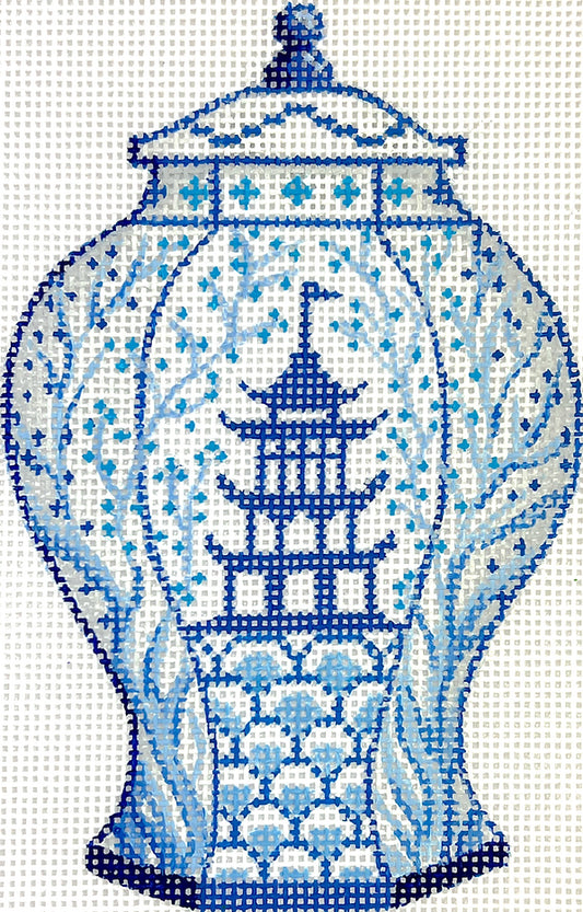 Kate Dickerson Needlepoint Collections Mini Chinese Vase - Tall Blue & White with Pagoda & Flowering Branches Needlepoint Canvas