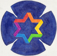 Kate Dickerson Needlepoint Collections Kippah - Rainbow Star of David - Multi on Deep Blue Needlepoint Canvas