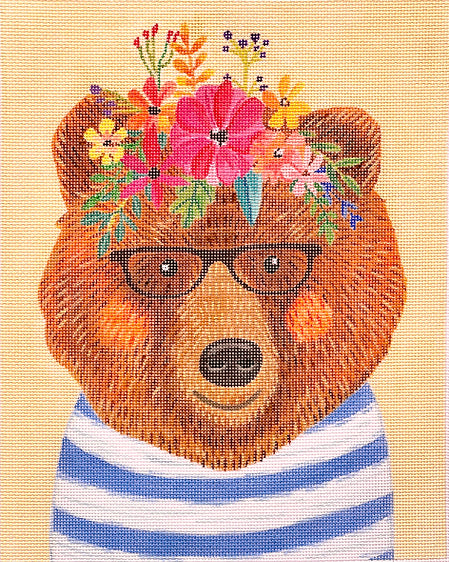 Kate Dickerson Needlepoint Collections Mia Charro - Bear In Striped Shirt with Glasses - on Creamy Yellow Needlepoint Canvas