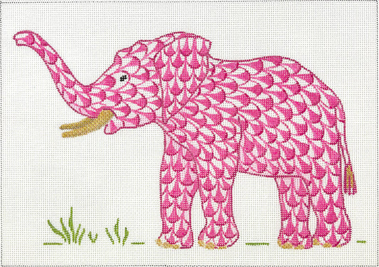 Kate Dickerson Needlepoint Collections Herend-Inspired Fishnet Elephant with Trunk Up - Pink with Gold Needlepoint Canvas