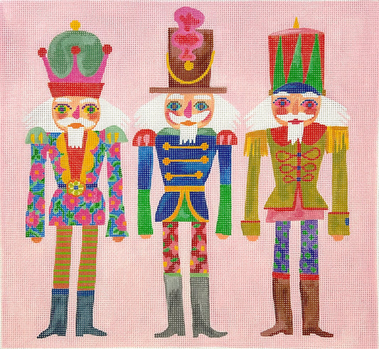 Kate Dickerson Needlepoint Collections Shannon Snow - Three Colorful Nutcrackers - on Pink Background Needlepoint Canvas