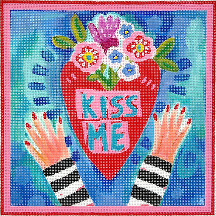 Kate Dickerson Needlepoint Collections Julia Eves Kiss Me Heart with Flowers and Hands on Blue Green Needlepoint Canvas