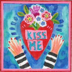 Kate Dickerson Needlepoint Collections Julia Eves Kiss Me Heart with Flowers and Hands on Blue Green Needlepoint Canvas