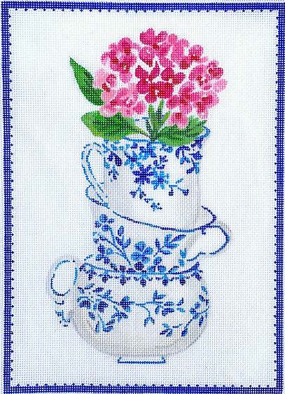 Kate Dickerson Needlepoint Collections Lindsay Brackeen - Blue & White Stacked Teacups with Pink Flowers Needlepoint Canvas