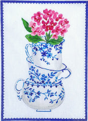 Kate Dickerson Needlepoint Collections Lindsay Brackeen - Blue & White Stacked Teacups with Pink Flowers Needlepoint Canvas