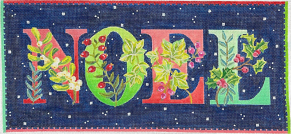 Kate Dickerson Needlepoint Collections Jane Maday Noel with Winter Greens and Berries Midnight Sky with Sparkly Snowflakes Needlepoint Canvas